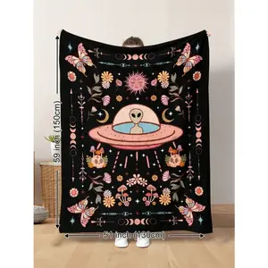 1pc Vintage Occult, Alien, UFO, Abducted Cow, Rainbow Light, Sun And Moon Pattern Soft Plush Blanket, Warm And Cozy For All Seasons, Suitable For Living Room, Sofa, Lounge Chair, And Bedroom, Great For Travel, Camping Or Gift, Gift For Men & Women