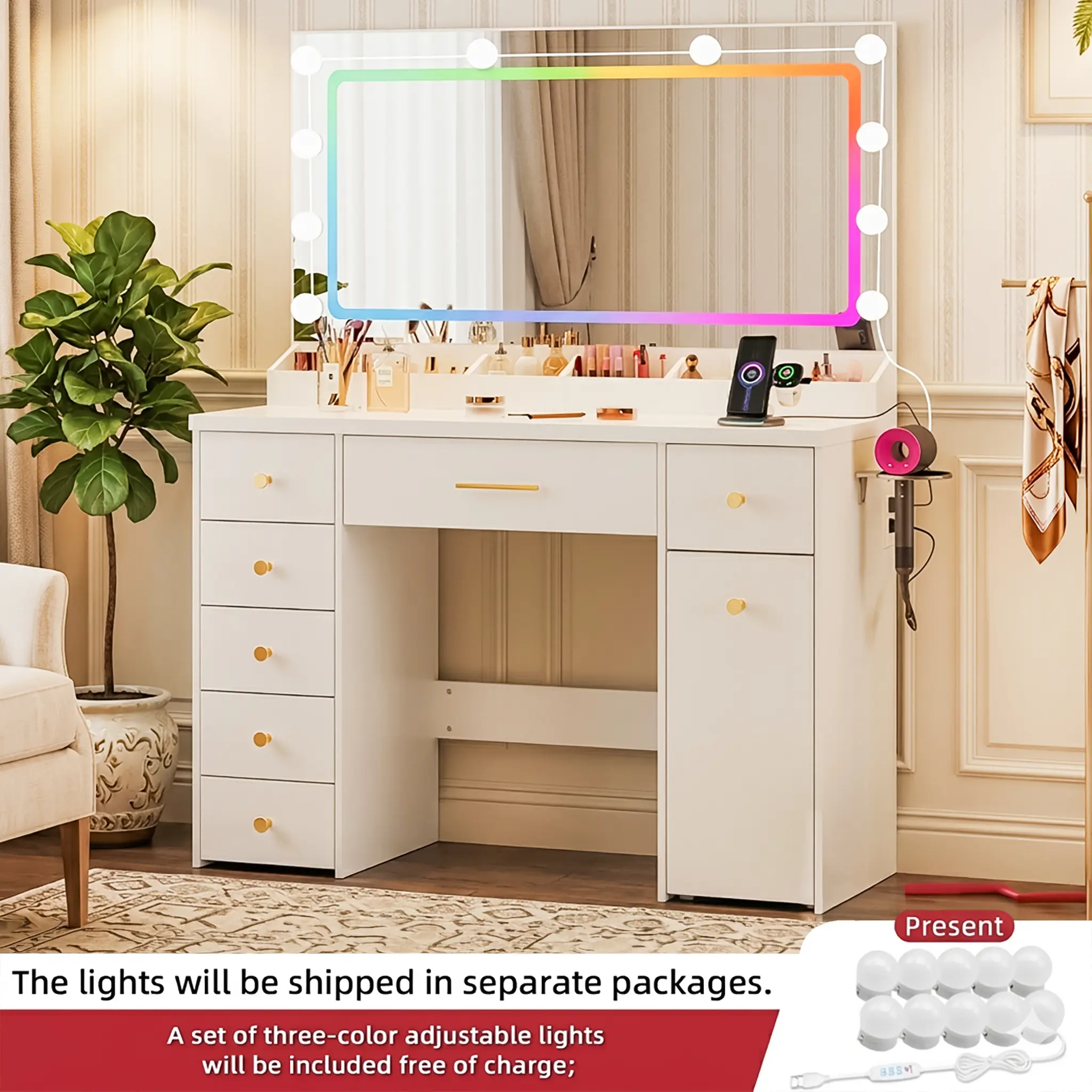 Vanity Makeup Table with 10 LED Lights (3 Modes), 7-Drawer Storage, 2-Tier Rolling Pull-Out Cabinet, Power Outlet - Makeup Vanity Desk for Bedroom/Dorm, Great Gift Idea