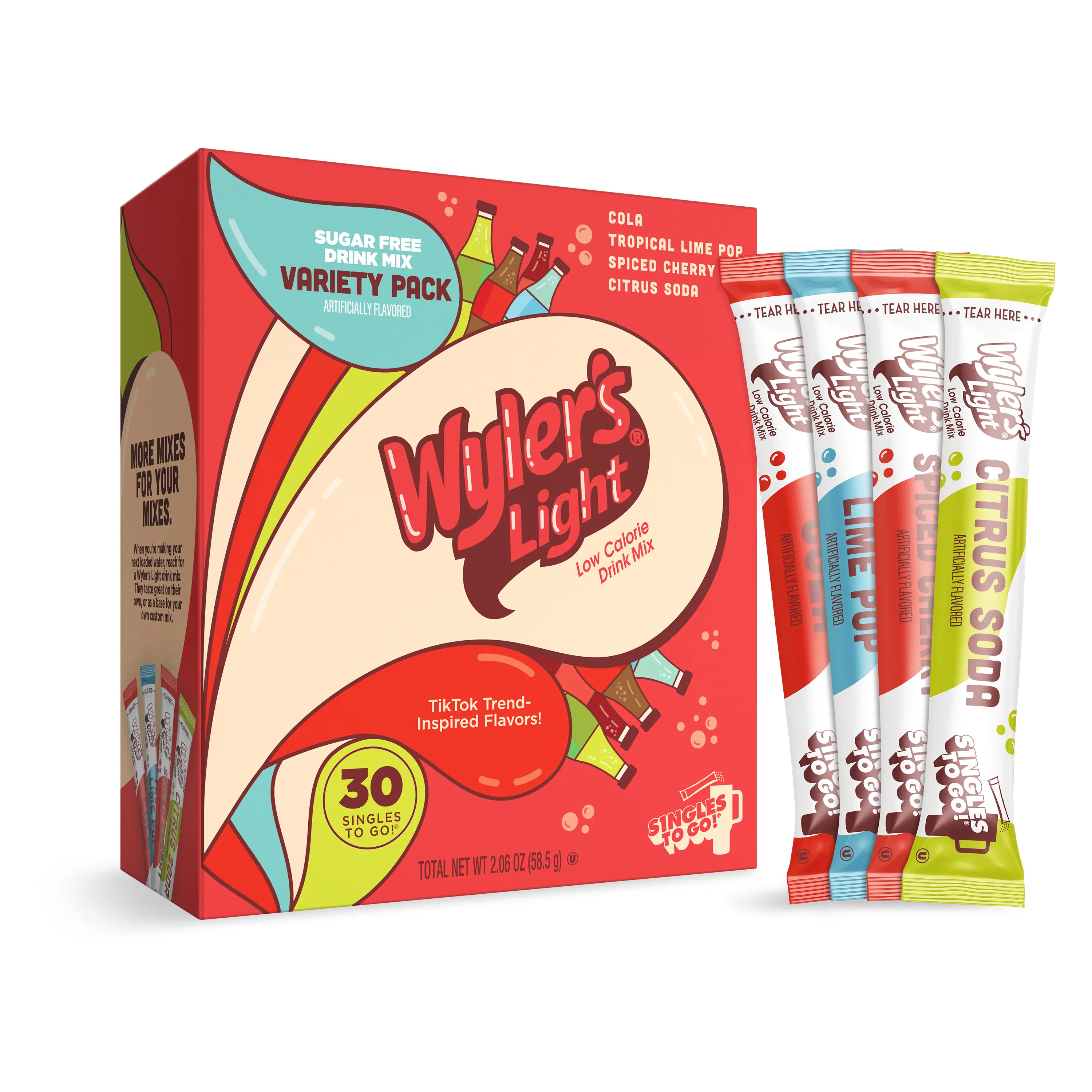 Wyler’s Light Singles To Go Soda Inspired Variety Pack 30ct – Sugar-Free Water Drink Mix Sticks, Calorie-Free Soda Flavors (Cola, Lime, Cherry, Citrus)