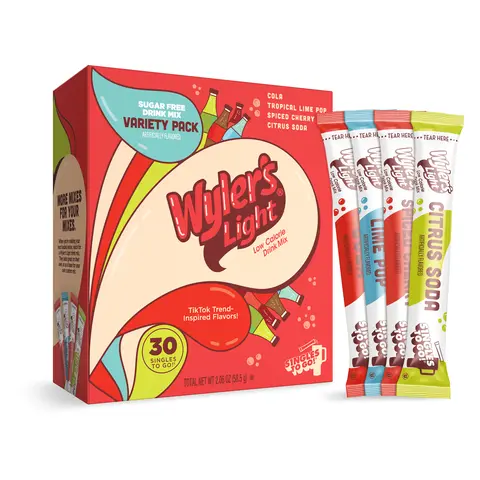Wyler’s Light Singles To Go Soda Inspired Variety Pack 30ct – Sugar-Free Water Drink Mix Sticks, Calorie-Free Soda Flavors (Cola, Lime, Cherry, Citrus), Gluten Free, Single Serve