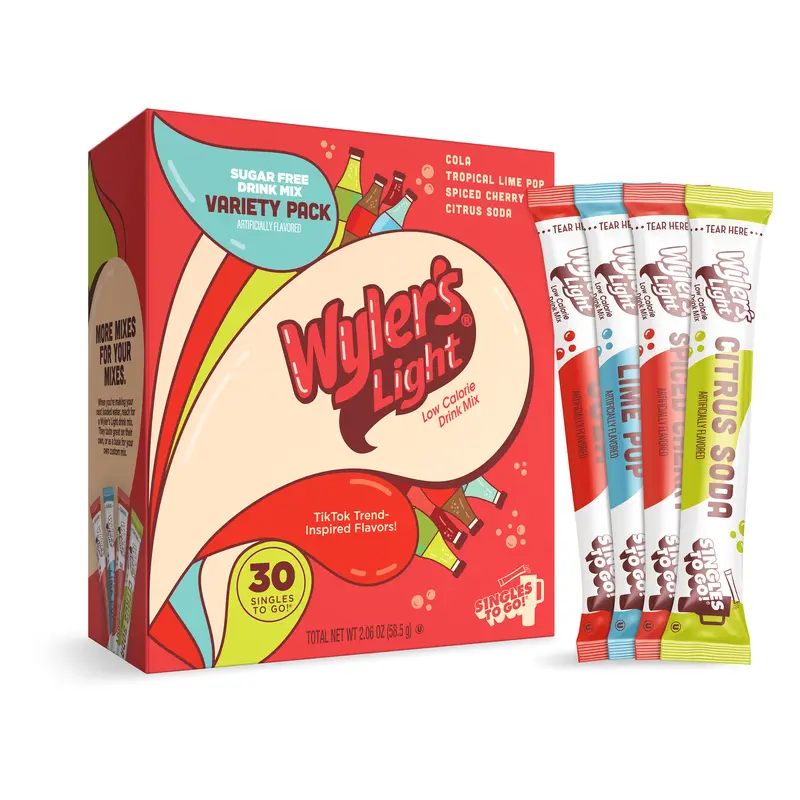 Wyler’s Light Singles To Go Soda Inspired Variety Pack 30ct – Sugar-Free Water Drink Mix Sticks, Calorie-Free Soda Flavors (Cola, Lime, Cherry, Citrus), Gluten Free, Single Serve