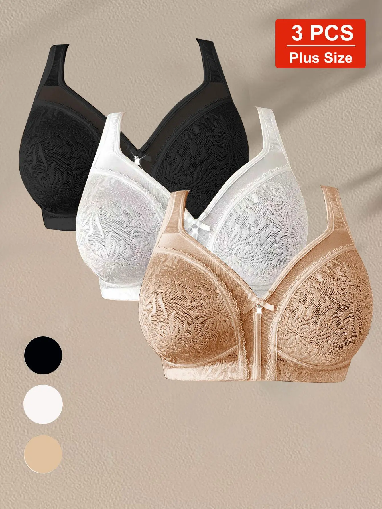 3-pack lace spliced plus-size women’s bras, all-season jacquard pattern. Wire-free high-quality bralette, comfy for daily casual wear, weddings and beach trips. Thin cup with beautiful back design, also suitable for sports