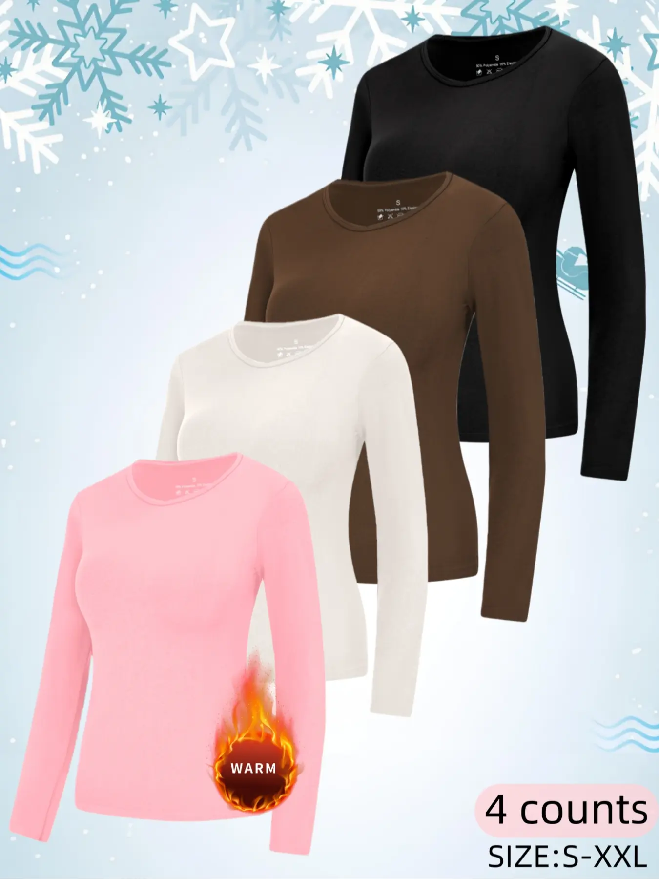 Women's Thermal Shirts Fleece Lined Athletic Tops Long Sleeve Compression Workout Baselayer for Cold Weather, Soft Breathable Knit Round Neck Long Sleeve Thermal Warm Tops, Basic Casual Style Fall & Winter Fitted Bottom Layering Shirts for Women Clothes
