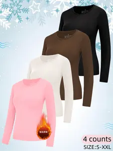 Women's Thermal Shirts Fleece Lined Athletic Tops Long Sleeve Compression Workout Baselayer for Cold Weather, Soft Breathable Knit Round Neck Long Sleeve Thermal Warm Tops, Basic Casual Style Fall & Winter Fitted Bottom Layering Shirts for Women