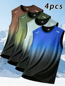 4-pack men’s summer gradient crew-neck ice silk breathable sleeveless tank tops; loose fit for summer outfits; high-stretch fitness base layer tank that helps flatten/shape the abdomen, suitable for everyday workouts and everyday wear—versatile and practi