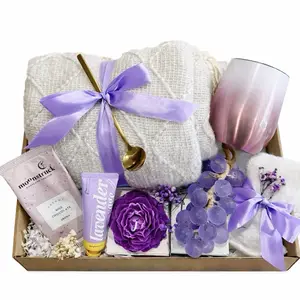 Taniri Luxury Gift-Ready Female Self-Care Set - Lavender Themed Fully Assembled Home Supplies Gift Box with Blanket, Tumbler, Candle for Wedding Bridesmaids