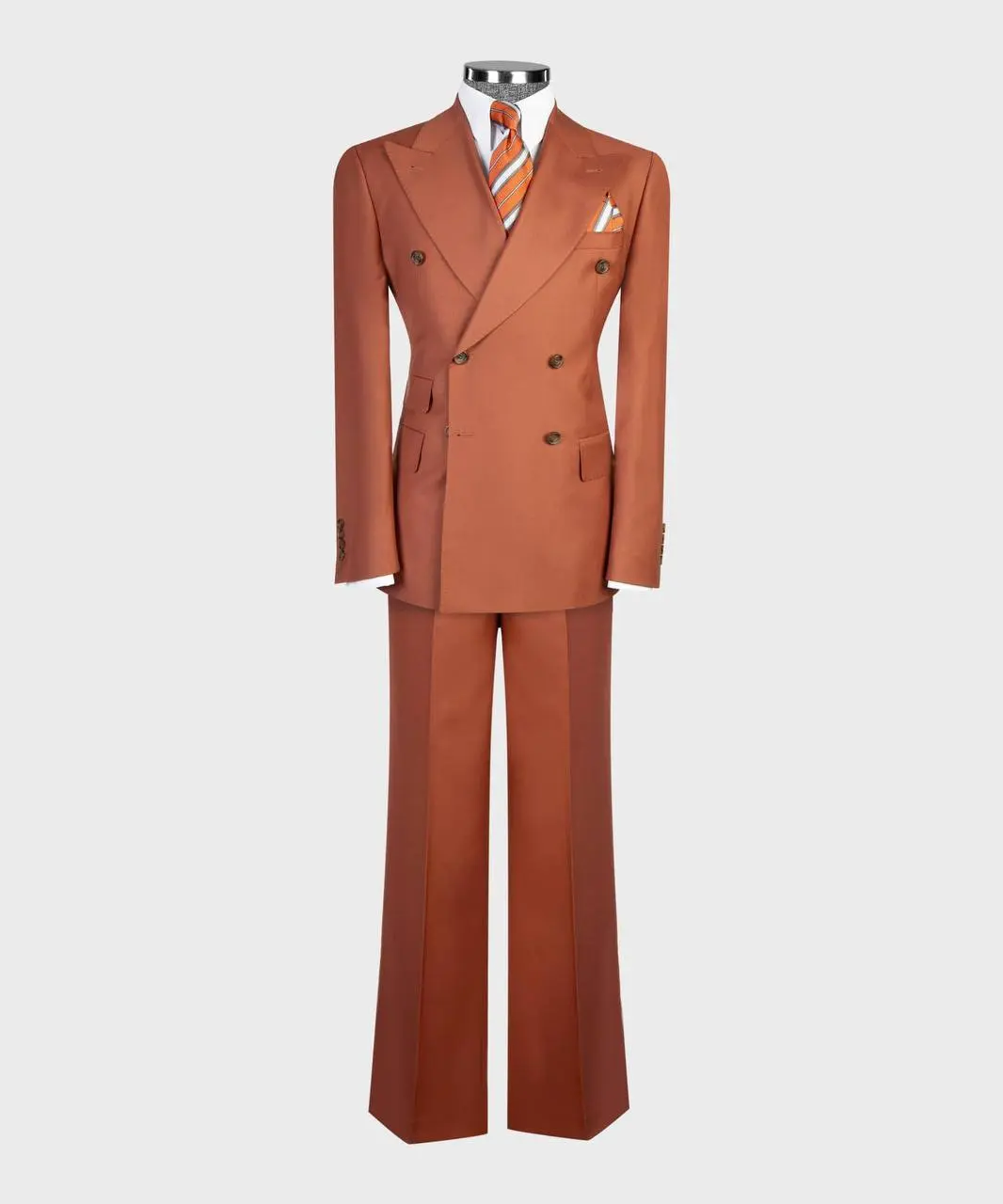 Men's Rust Orange Flared-Leg Double-Breasted Suit, Formal Wear Menswear with Matching Jacket and Tie, Fancy