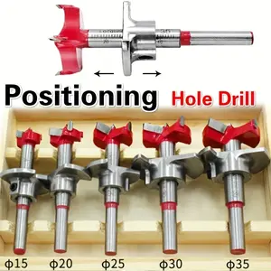 Positioning woodworking hole opener set, positioning hard alloy flat wing drill adjustable hinge leaf hole expander, multi-functional woodworking limit hole opener depth adjustable hinge positioning hole expander 15-35mm with wooden box