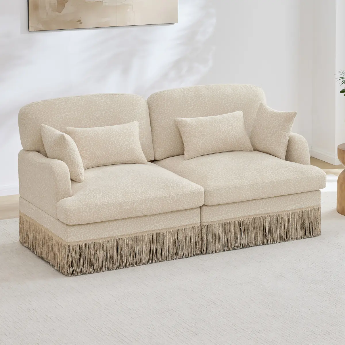 Beige Chenille Leopard Print Loveseat Sofa - 34.45*30.31*9.25in, Delicate Tassel Edge, Modern Modular Sectional Couch, Ergonomic Back & Seat, Deep Seat, Assembly Required, with Cushion, Throw & Lumbar Pillows, for Living Room All-Day Relaxation