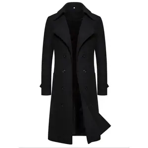 Men’s solid-color double-breasted trench coat with pockets, autumn and winter casual long-sleeve lapel coat for everyday wear
