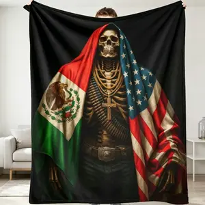 Skeleton USA & Mexico Flag Flannel Blanket | Cozy Mexican American Pride Throw | Patriotic Memorial Day Gift, Cool Chicano Decor for Couch & Bed