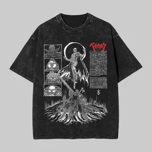 Berserk Guts Femto Eclipse Anime Graphic T-Shirt - Acid Wash Oversized Vintage Heavyweight Cotton Menswear Apparel, Classic Round Neck Shortsleeve, God Hand Dark Fantasy Manga Streetwear Gym Cover, Loose Fit Casual Top for Men