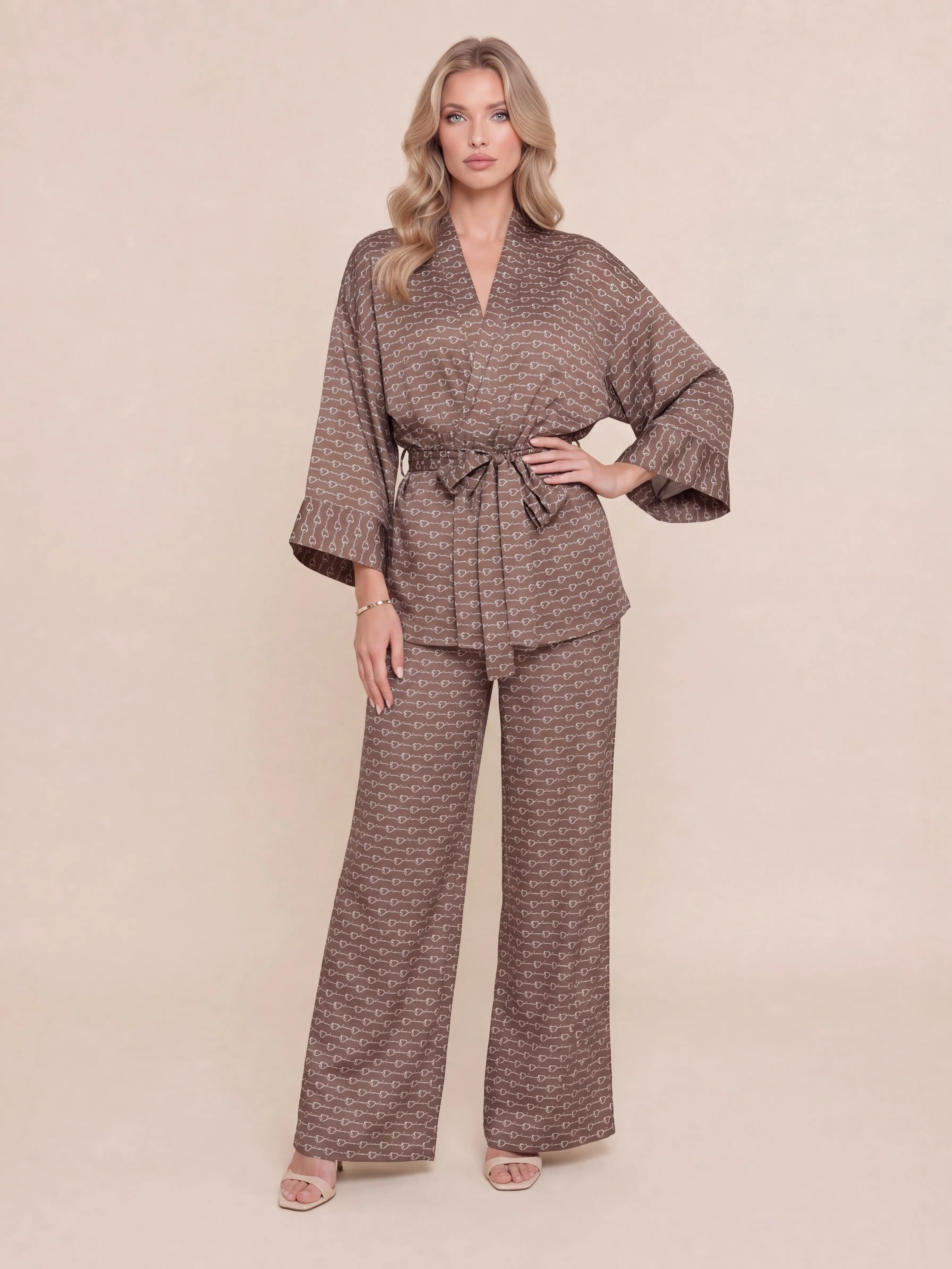 LikeMyChoice New 2 Piece Faux Silk Loungewear Set Vintage Chain Print Wrap Kimono Robe Wide Leg Pants Luxury Sleepwear