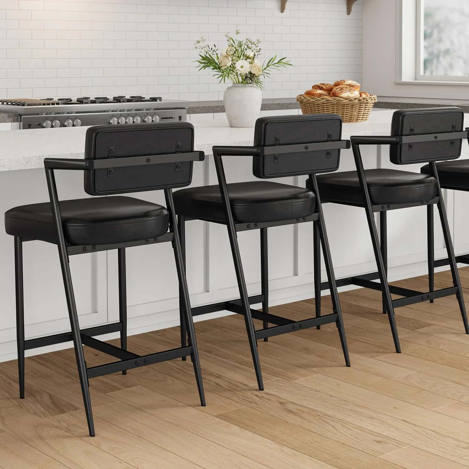 Garvee Set of 6 Counter Height Home Bar Stools with Armrests, Backrest, Footrest, Thick Cushions, and Durable Metal Legs in Rustic Black for Kitchen, Island, and Counter Seating