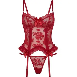 Playful Pink Lace 4-Piece Corset Set — Underwire & Boned Bustier, Thong, and Mesh Stockings — Cute Bow Accents, Y2K Style Women's Lingerie Set，Floral Lace Mesh Lingerie Set — One-Piece Teddy