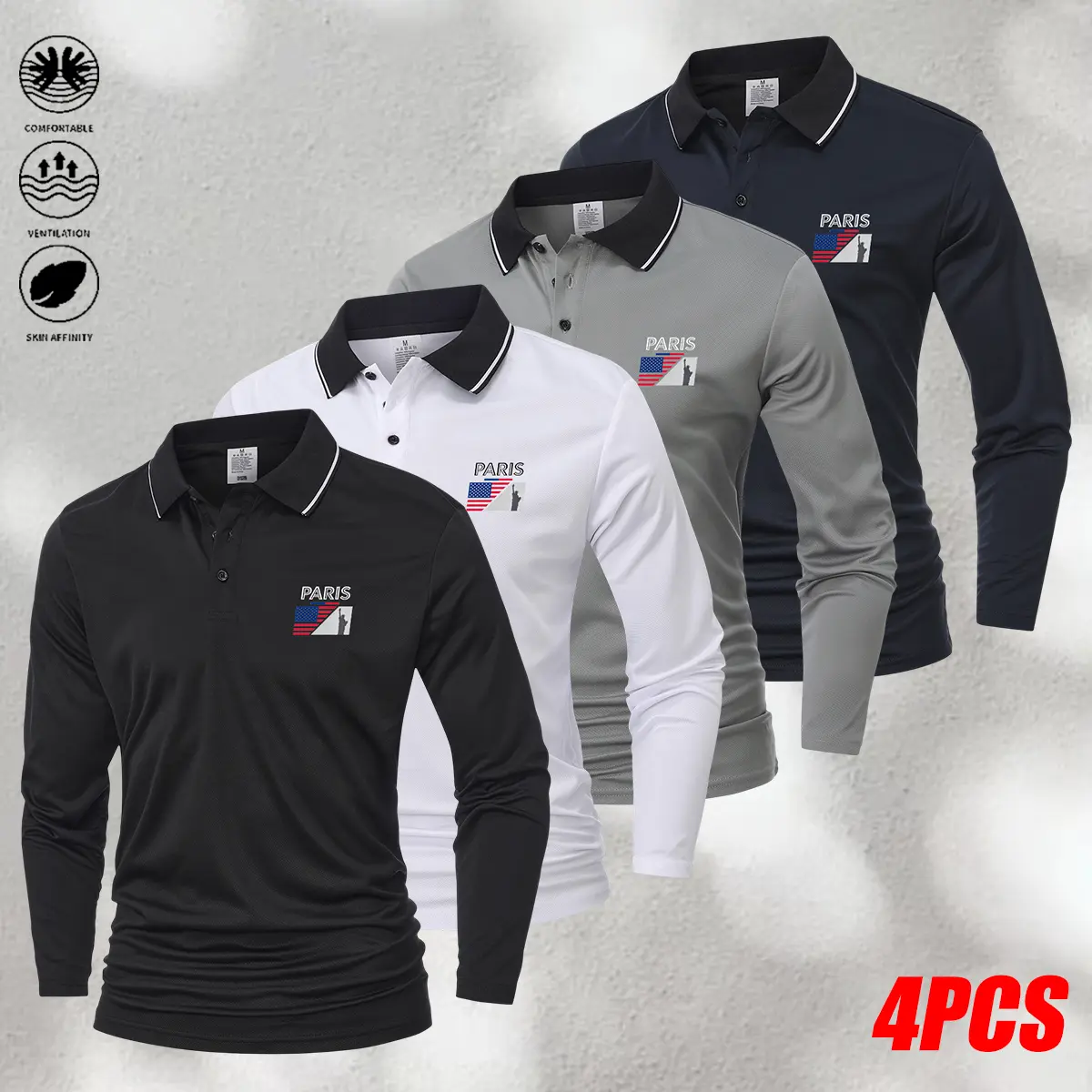 JOGWAVE 4PCS Men’s Polo Shirt Set, versatile design, an ideal choice for everyday wear and autumn business style.Machine washable, comfortable and stretchy — suitable for golf, everyday casual wear, fishing, and camping; ideal for back-to-school shopping,