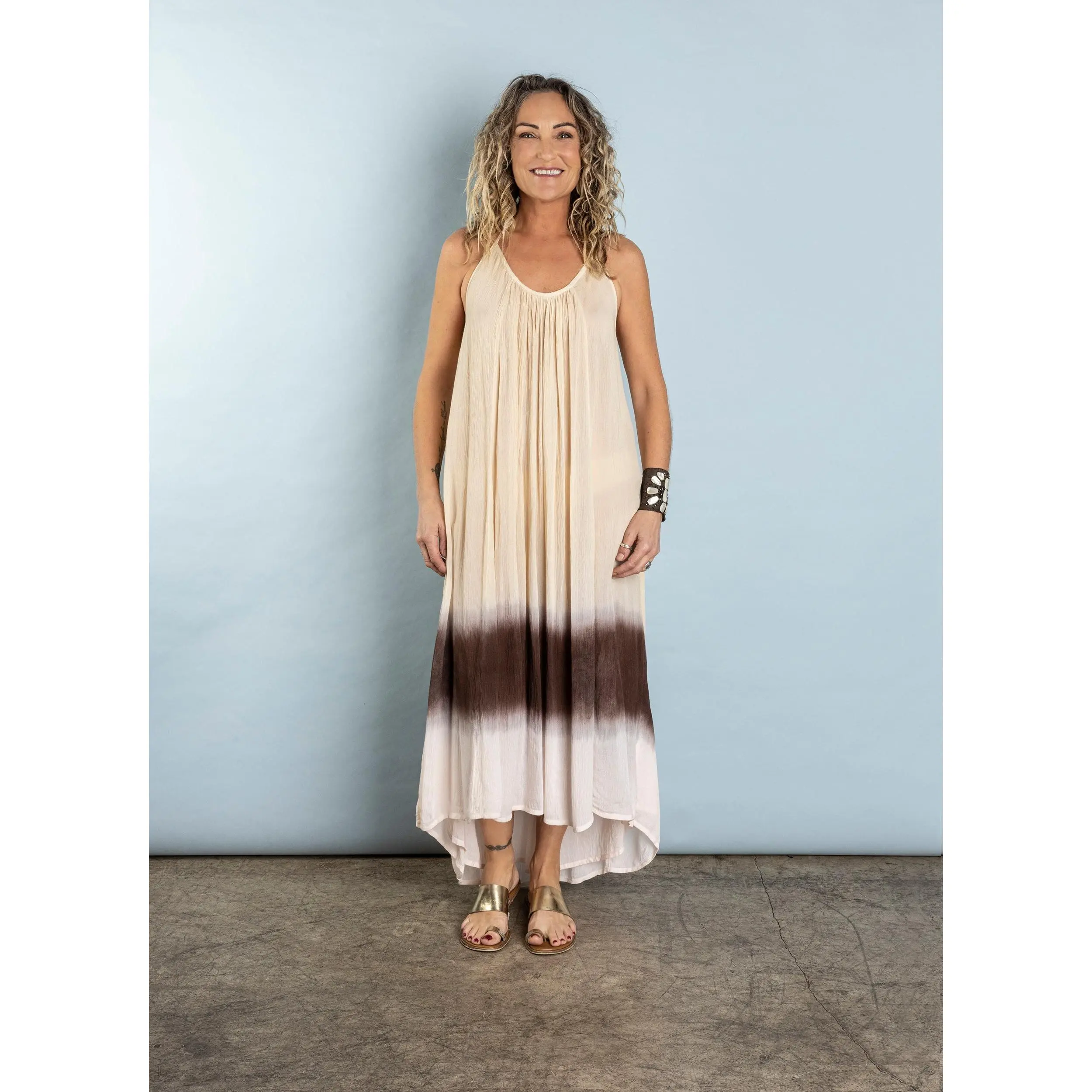 Casual Catalina Low Back Maxi Halter Dress in Crinkle cotton. Dip dyed in  Natural - TikTok Shop