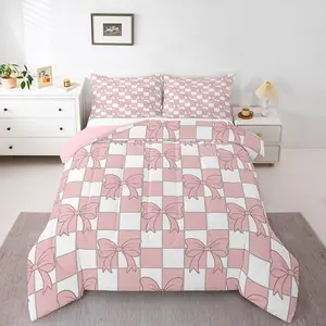 Feelyou Pink Kawaii Bowknot Microfiber Bedding Set - Breathable Soft Blanket, Polyester Fiber, White Checkered Geometric Bow Design, Multi-Size, Travel Ready, for Kids