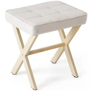 Square Linen Makeup Stool, Small Ottoman Stool Chair, Metal X Legs, Modern Padded Seat Foot Rest for Makeup Room, Bathroom