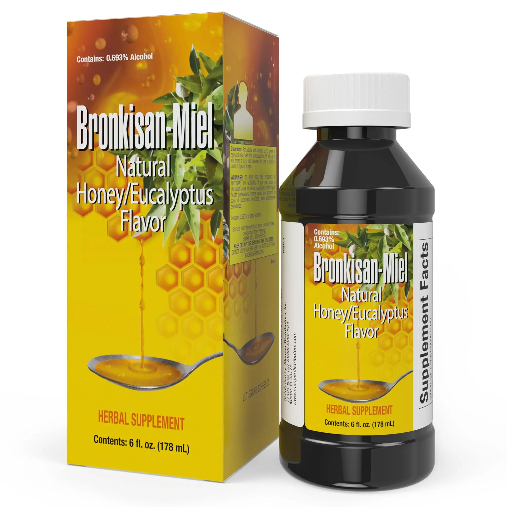 Bronkisan-Miel Natural Honey Eucalyptus Flavor Cough Relief Syrup, OTC Cough & Cold Treatment, Soothing Long-Lasting Comfort, Promotes Respiratory Health