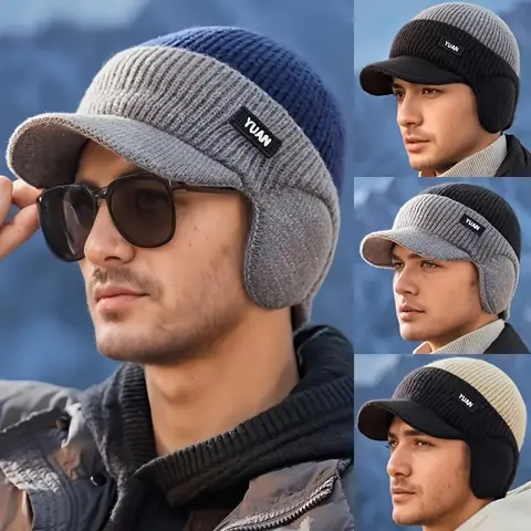 Men's Winter Knitted Earflap Hat - Cold Protection for Skiing, Hiking, Street Style - Elastic Fit, Hand Washable - Available in Outdoor Activities and Daily Winter Accessories, Fashionable Knitted Hat