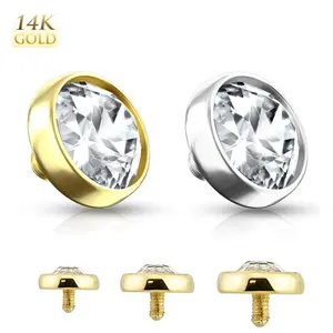 14 Karat Gold Dermal Anchor Top 14 Gauge with Flat Dome CZ Gem