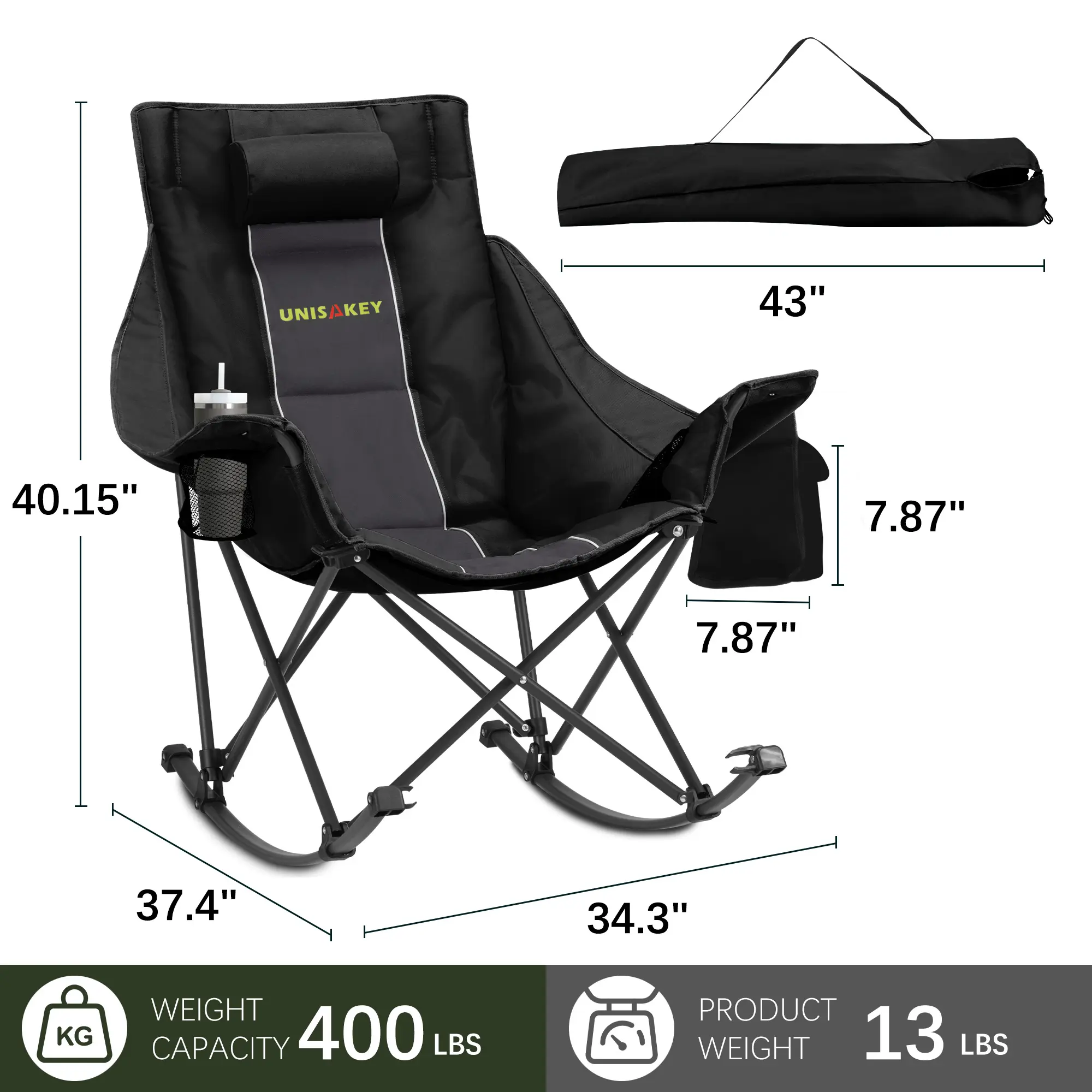 Dragosum  Oversized Foldable Rocking Moon Chair with Padded Headrest & Cup Holder, 600D Durable Oxford Fabric Portable Outdoor Rocker, Supports Up to 400 LBS, Foldable Lounge Chair for Camping, Backyard, Beach & Patio