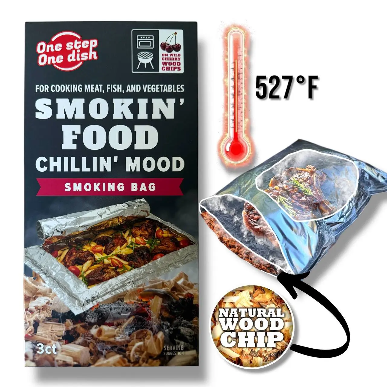 Cooking Bag for Grill and Oven with Wild Cherry Wood Chips – BBQ Lovers' Must-Have, Kitchen & Grill Accessories, Outdoor Cooking Tools, Easy BBQ Recipes, Gift for Dad, Man, and Mom