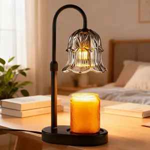 -Candle Warmer Lamp Adjustable Timer - Electric Flower Glass Candles Warmers Adjustable Height Dimmable Vintage Base Modern Wax Candles Top Warmers for Small Jar Scented Wax Melts