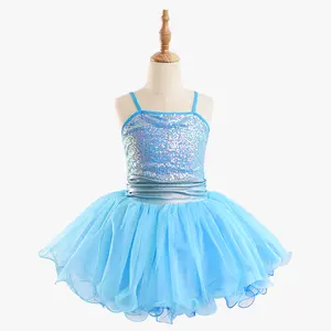 Girls’ Blue Sequined Ballet Dress with Straps — Dance Performance Outfit, Princess Birthday Party Dress