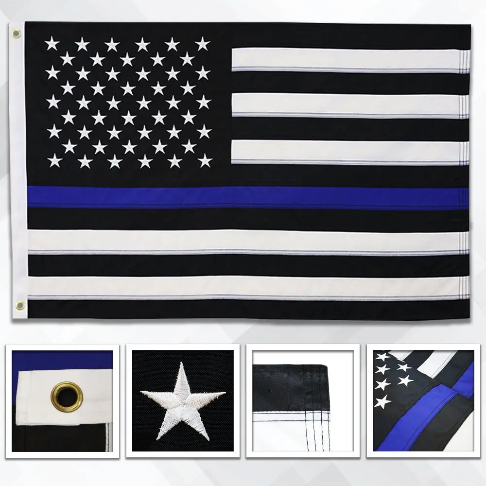 Thin Blue Line USA Embroidered Flag Banner - 5x8ft 210D Oxford Poly, Brass Grommets, 4 Rows of Stitching, Bold Stars, Sewn Stripes, Durable Indoor/Outdoor Home & Party Decor Backdrop