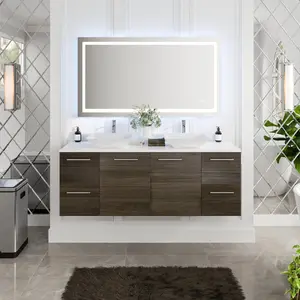 Luxurious 60 in. Gray Oak Wall Mount Double Sink Bath Vanity with White Quartz Top and Vessel Porcelain Sinks