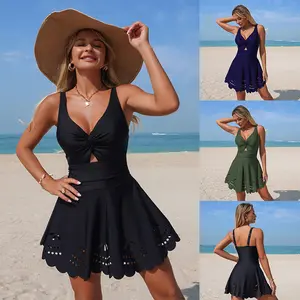 Women's Swim Dress Skirted Swimsuit | Summer V Neck Twist Front Bathing Suit with Skirt, Swimwear for Women