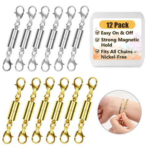12 Pack Magnetic Necklace Clasps and Closures Necklace Jewelry Extender with Strong Magnet Magnetic Gold and Silver Plating Gift Stainless Steel Charm