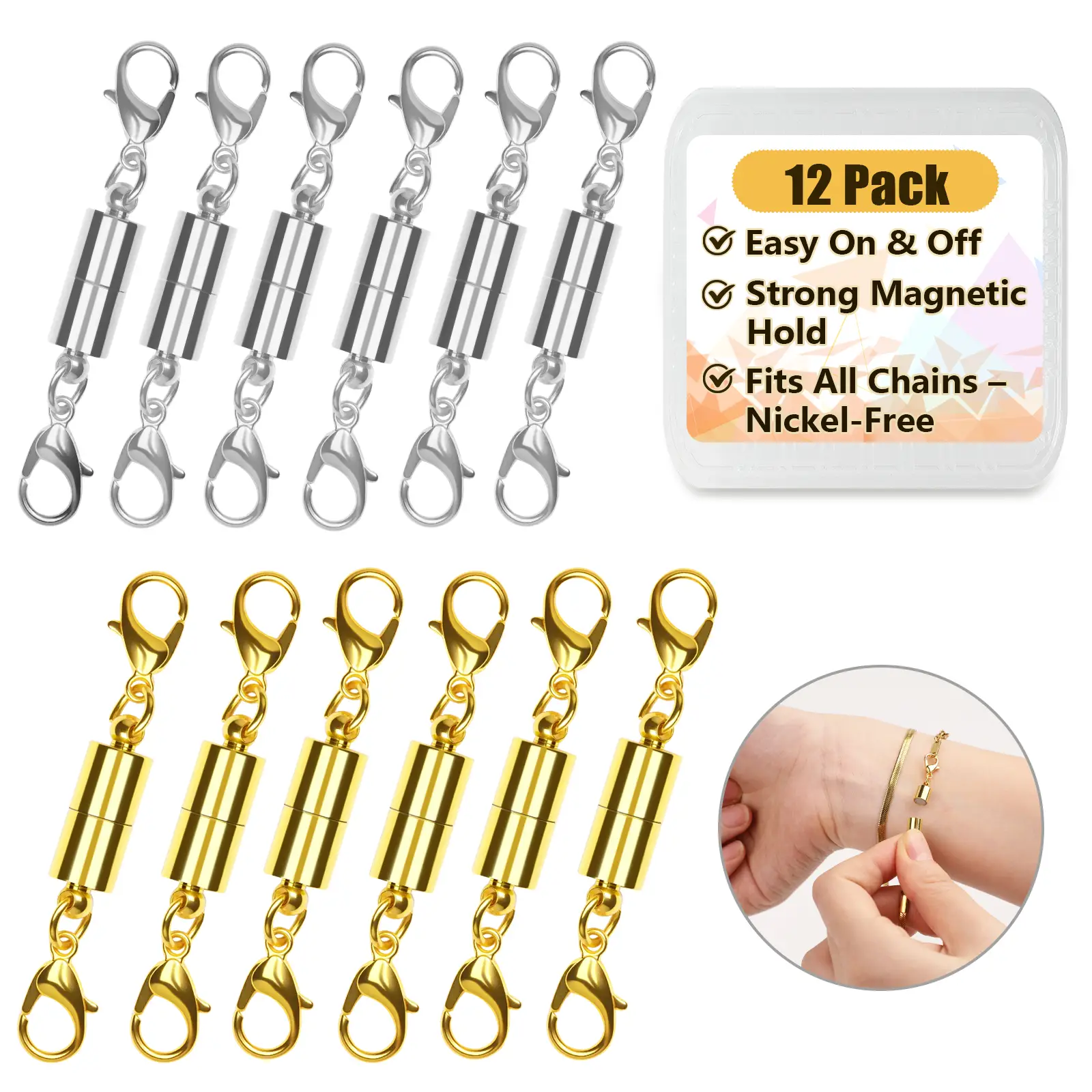 12 Pack Magnetic Necklace Clasps and Closures Necklace Jewelry Extender with Strong Magnet Magnetic Gold and Silver Plating Gift Stainless Steel Charm