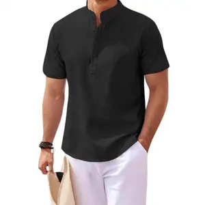 Men‘s Stand Collar Ribbed Polo Shirt Short Sleeve Button Front Casual Top
