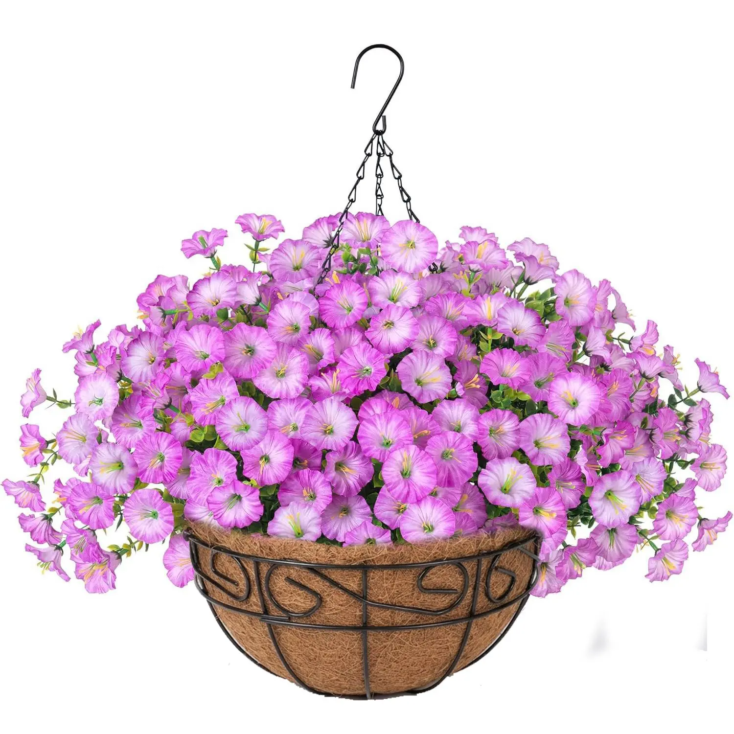 Artificial Hanging Plants Flowers Basket, Artificial Hanging Baskets for Outdoor Spring Summer Decoration, Easy Maintenance, Silk Purple or Pink Morning Glory in Planter UV Resistant Look Real Fake Flowers for Porch Patio Balcony Home Yard