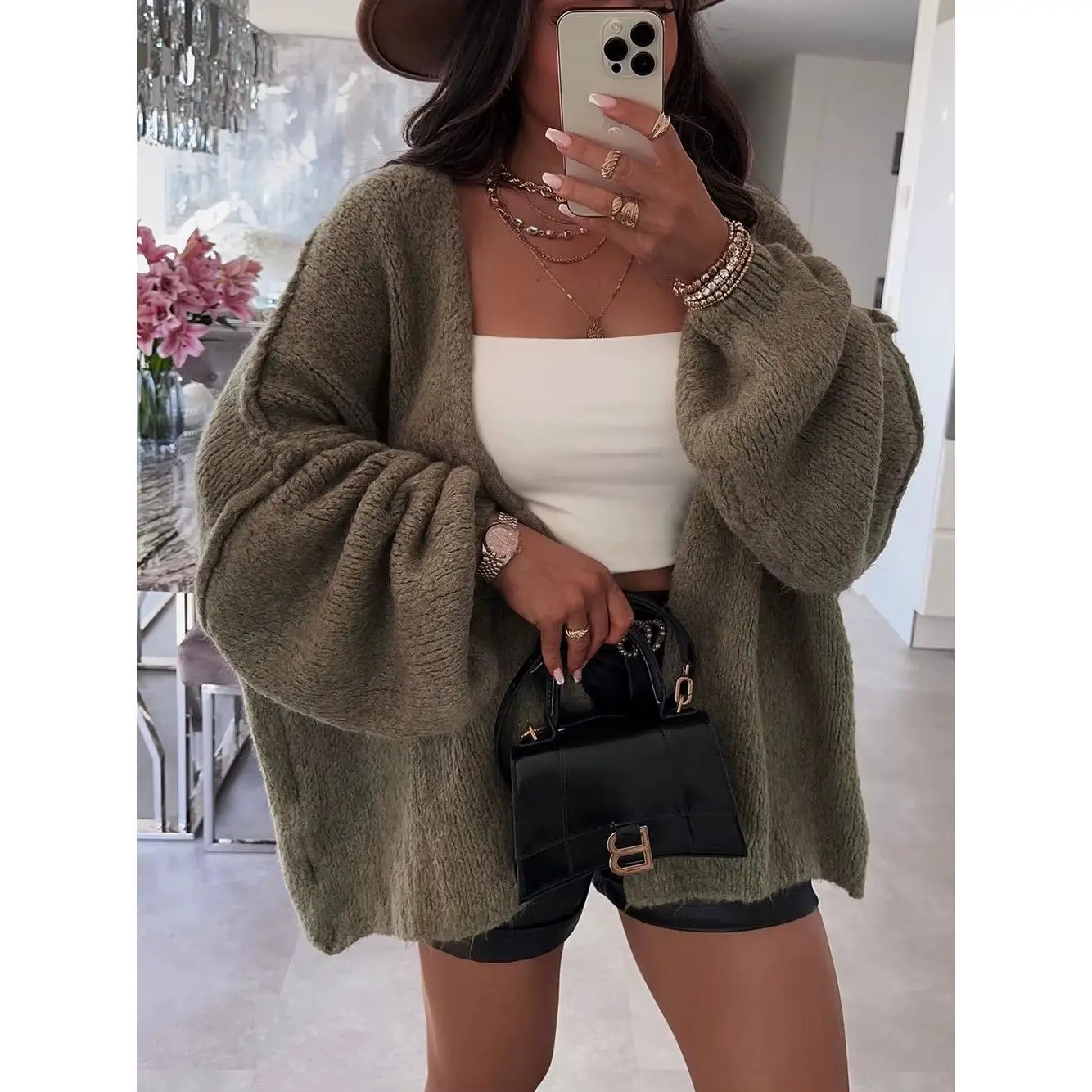 Autumn Winter New Casual Knitted Sweater Cardigan Jacket Loose Long Sleeve Solid Color Mid-Length Sweater Women Cardigan Jacket