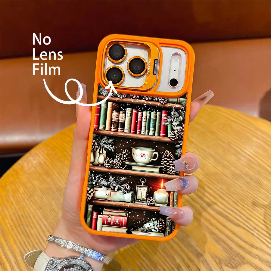 TPU Shockproof Transparent Phone Case with Orange Lens Bracket, Vintage Christmas Bookshelf-Books-Teacup-Candle Print, Fashion Versatile Protective Cover for Multiple iPhones (17 Pro Max,16,16 Plus,15,14,13,12), Ideal Holiday Gift