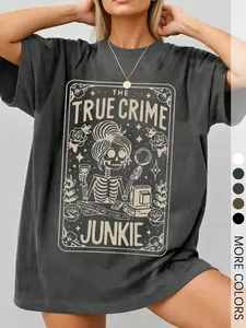 Women's Stylish T-shirt With Slogan And Skull Graphic, Round Neck Short Sleeve T-Shirt, Suitable For Halloween, Autumn/Fall, Nightmare Before Christmas