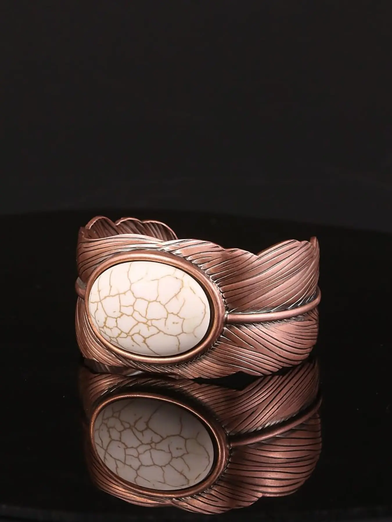 Western Bohemian Vintage Feather Cuff Statement Bracelet with Oval White Stone, Boho Style Bangles