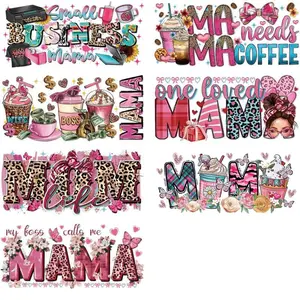 Mama UVDTF Cup Wrap - 7 Sheets Mom UV DTF Wraps for 16 oz, Leopard Print UV DTF Stickers for Water Botters Glass Cups, Pink Coffee Bow Rub on Transfer Decals for Women