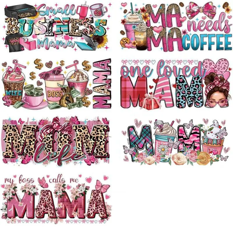 Mama UVDTF Cup Wrap - 7 Sheets Mom UV DTF Wraps for 16 oz Drinkware, Leopard Print UV DTF Stickers for Water Botters Glass Cups, Pink Coffee Bow Rub on Transfer Decals for Women DIY, Art Stickers