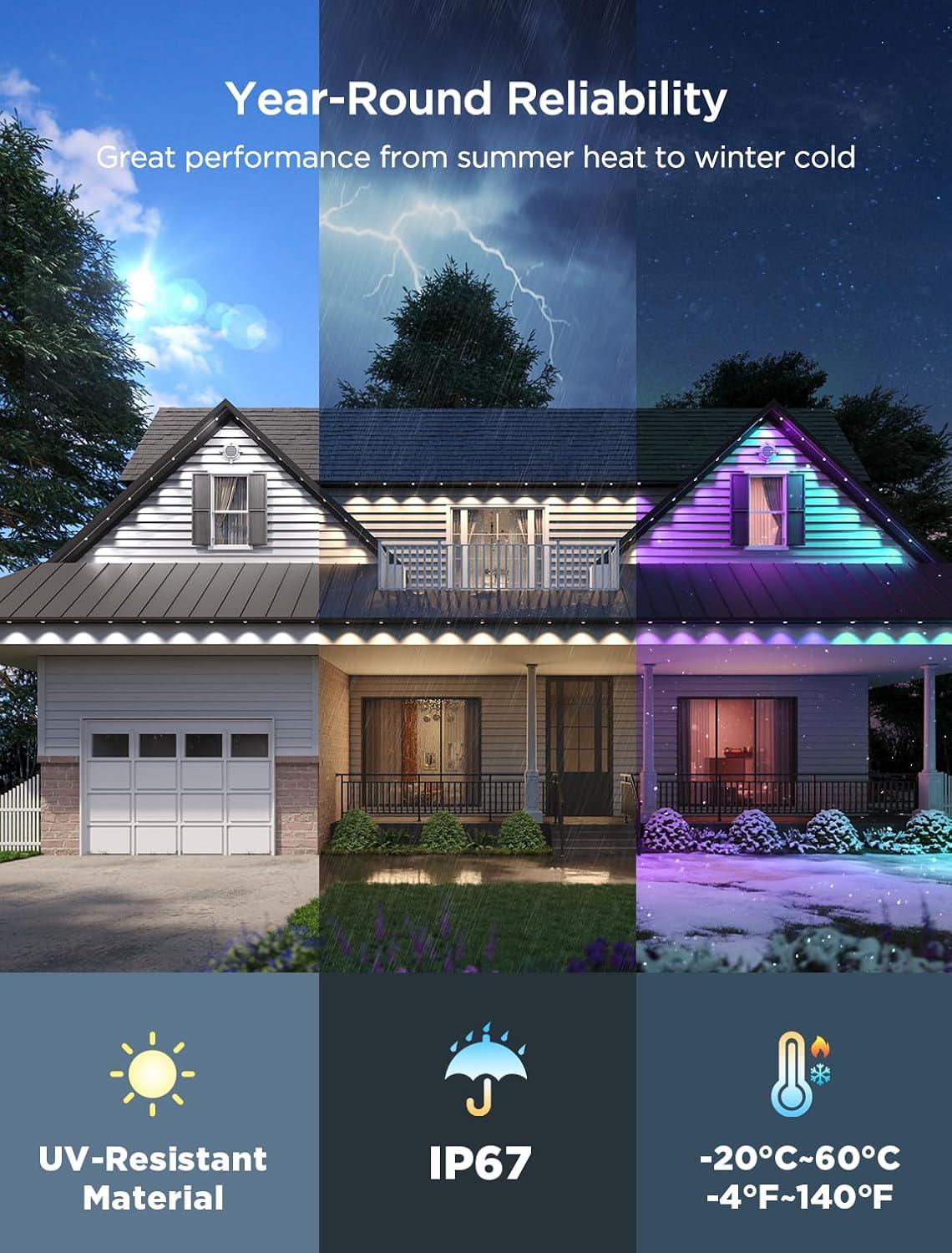 100ft Permanent Outdoor RGB Eaves Lights, 60 LEDs Smart App & Remote Control Roofline Lighting, Music Sync, DIY Scene Modes, IP67 Waterproof LED Lights for Christmas, Holidays, Daily House Decor
