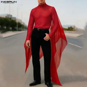 INCERUN, Cosplay Men, All Seasons, Red High Neck Sheer Mesh Patchwork Flying Cape Flowing Chiffon Top, Stage Performance, Goth Theme Party, Christmas & New Year Party, Role-play Wear