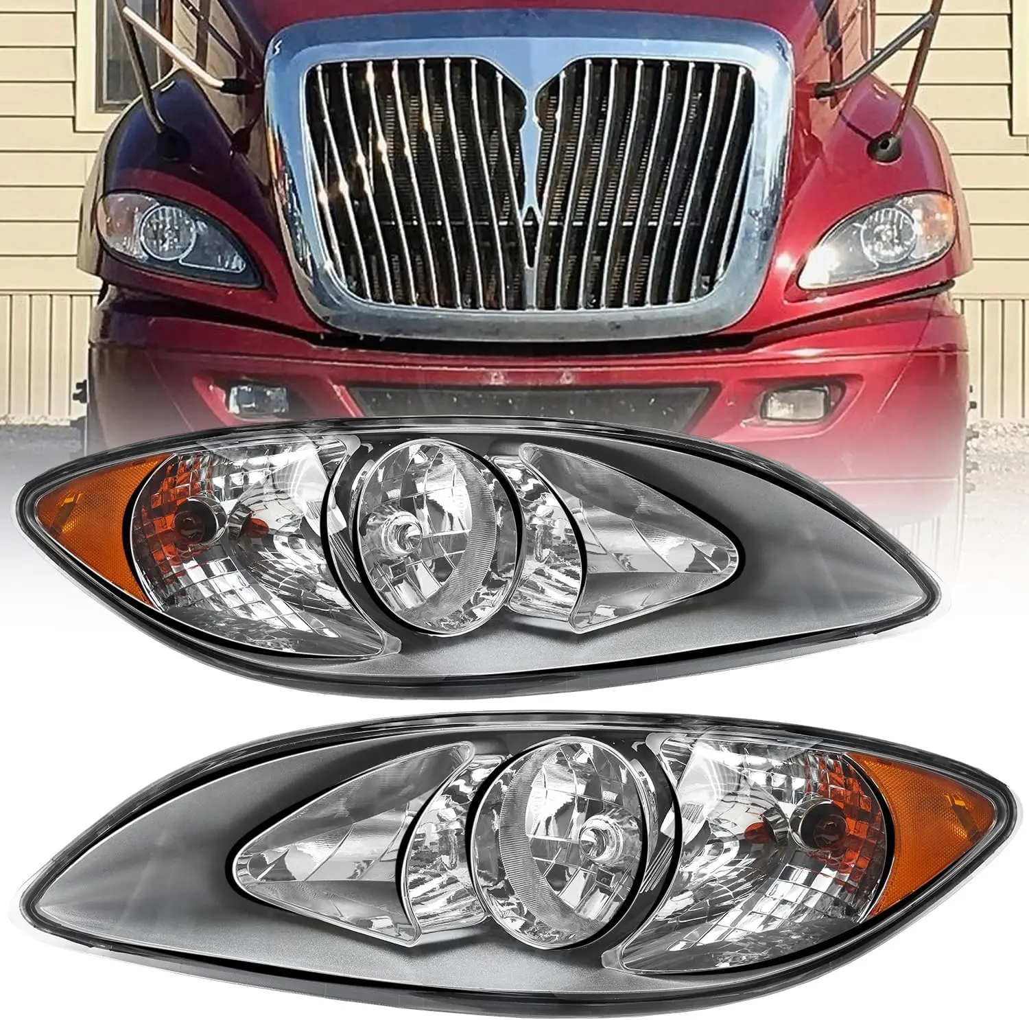Halogen Headlight Assembly for 2008-2016 International ProStar Chrome Housing Driver Passenger Side or Pair