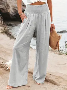 Women's Beach Vacation Style Wide Leg Pants, High Waist Elastic Design, Slimming Droop, Comfortible for Daily Wear Trouser