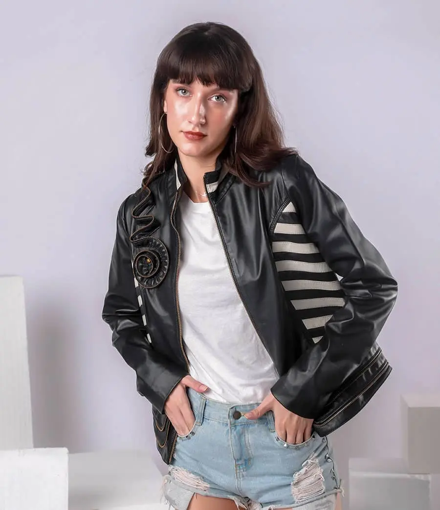 BLACK FLOWER LEATHER JACKET WITH EMBROIDERY AND STRIPES