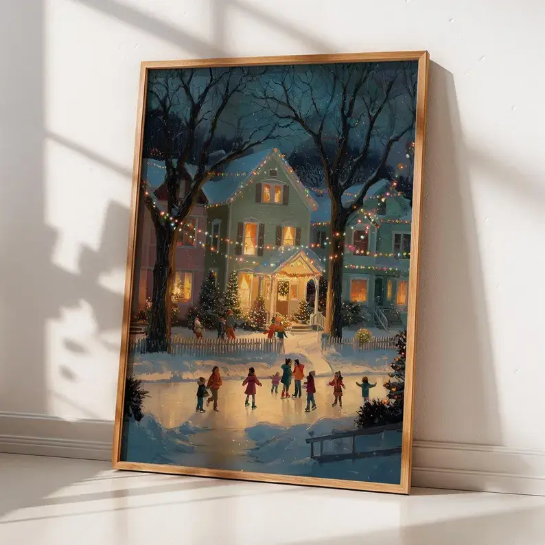 #1 Poster Christmas Wall Art , Cozy Holiday Street Scene Print, Kids Skating, Winter Decor, Xmas Gifts, Festive Home Art, New Year 2025 Trend (unframed) sohochic