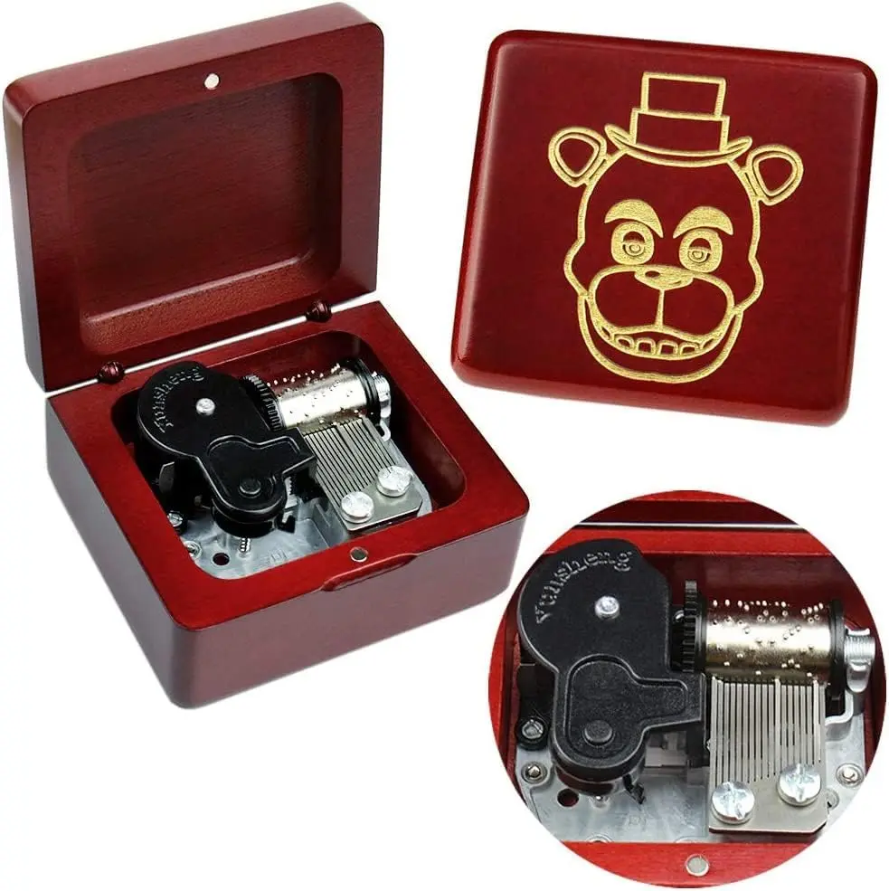 Sinzyo Solid Wood Clockwork Music Box - 5 Nights at Freddy's Theme, 18-Note Yunsheng Movement, Handheld Play Compact Carved Decor, No Battery, 7.1x6.7x4 cm, Wine Red Keepsake Musical Moving Box, Gift Wrap Eligible Home Decor Item